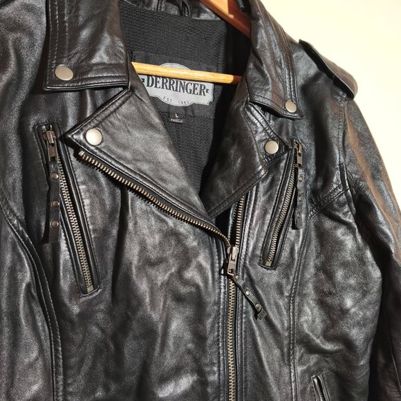 Derringer 100% Lambskin Leather Vented Moto Jacket sz L Black Silver Biker - Picture 3 of 14